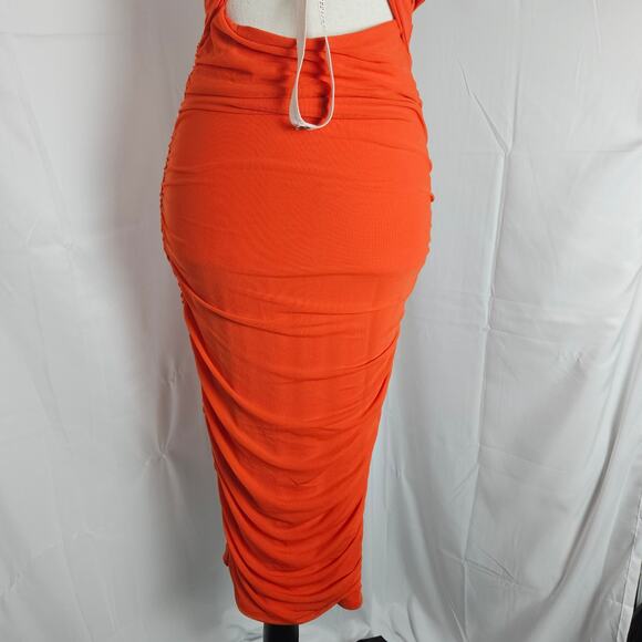 Oh Polly Halter Cutout Ruched Midi Dress Women's Sz 4  Orange Bodycon Party - Picture 3 of 14